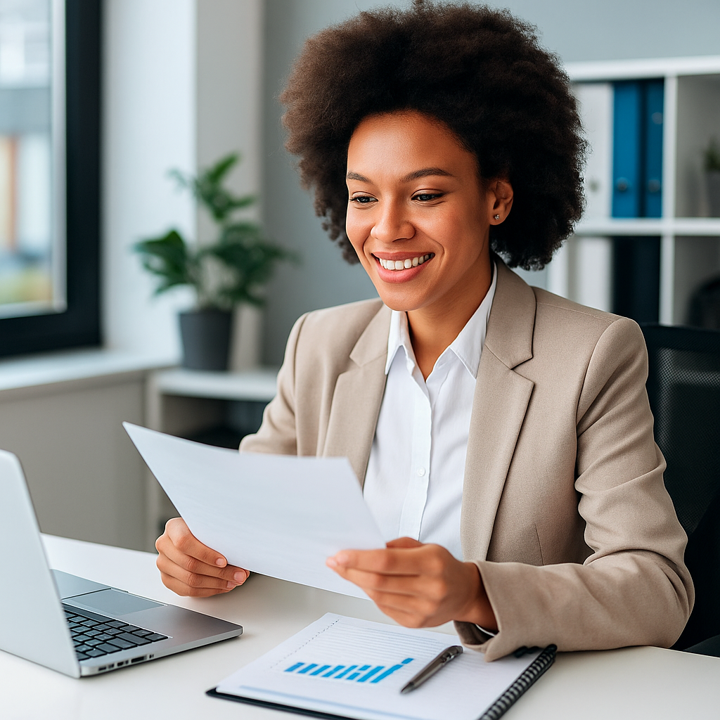 Donna sorridente alla scrivania con laptop e grafici, simbolo delle competenze economiche e gestionali del corso AFM dell’Istituto Papa Giovanni Paolo II di Frattamaggiore.