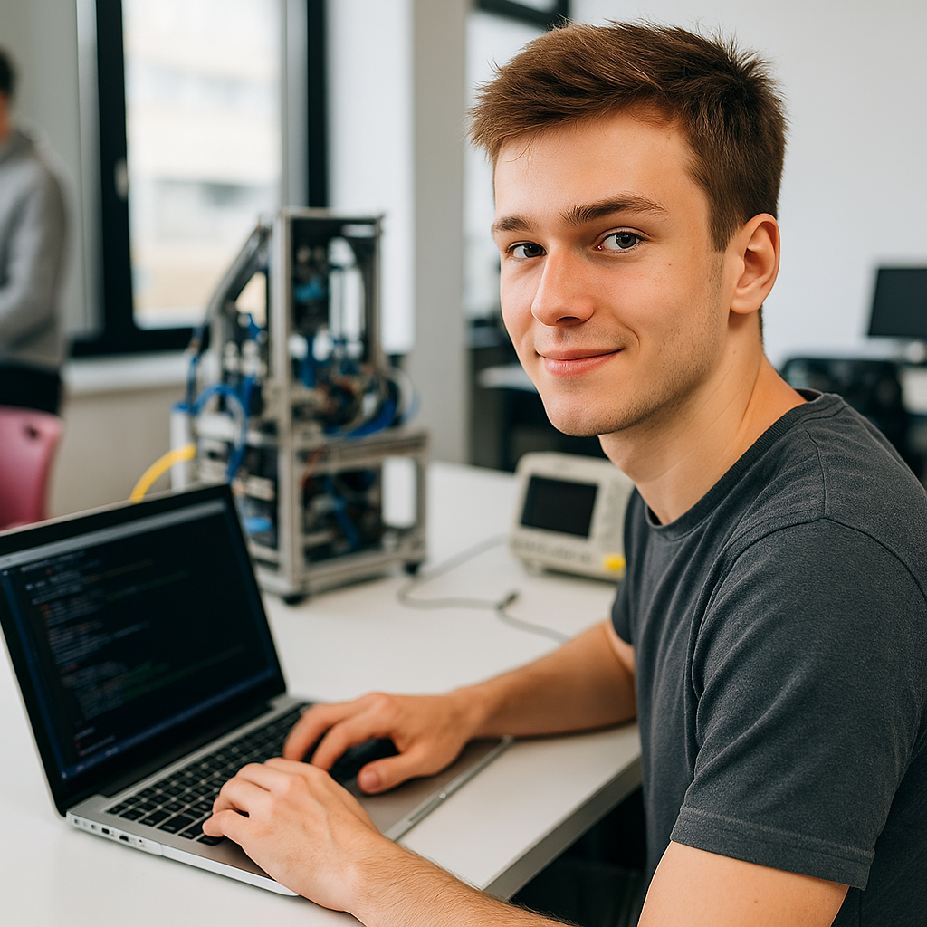 Studente maschio in laboratorio informatico moderno, al lavoro sul computer portatile con apparecchiature e cavi sullo sfondo – corso ITI dell’Istituto Papa Giovanni Paolo II di Frattamaggiore.